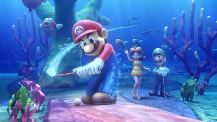 Mario, Luigi, and Princess Daisy are featured in an underwater scene from Mario Golf: World Tour, showcasing vibrant marine life and golf action in this HD PC desktop wallpaper.