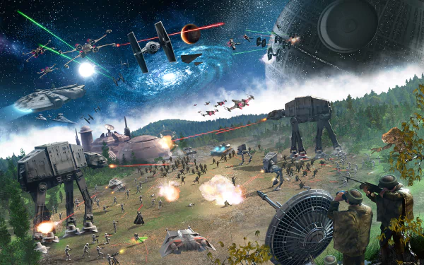 A dynamic sci-fi scene from Star Wars: Empire at War, featuring iconic ships like the Millennium Falcon and X-Wing, alongside AT-AT Walkers and the ominous Death Star in an epic battle.