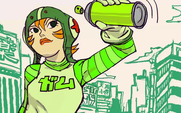 HD desktop wallpaper featuring Gum from the video game Jet Set Radio, holding a green spray paint can against a stylized urban cityscape background.