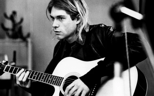 Black and white HD desktop wallpaper of Kurt Cobain playing an acoustic guitar, capturing a candid music moment.