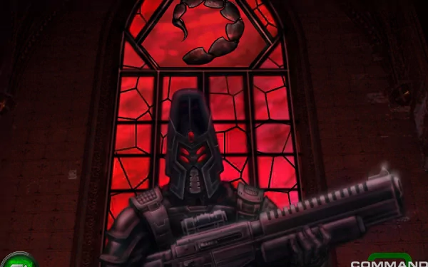 HD PC desktop wallpaper featuring a dark, armored soldier from Command & Conquer 3: Tiberium Wars against a red, stained-glass window background.