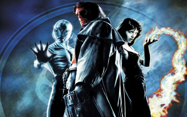 HD desktop wallpaper and background image featuring characters from the 2004 movie Hellboy, with Hellboy and his allies ready for action against a blue, swirling backdrop.