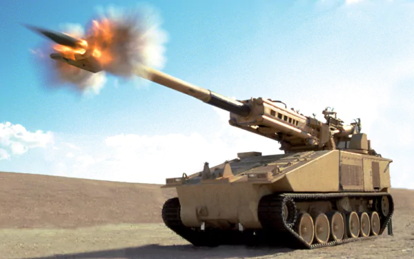 HD desktop wallpaper showcasing a military artillery tank firing a shell in a desert landscape under a clear blue sky.