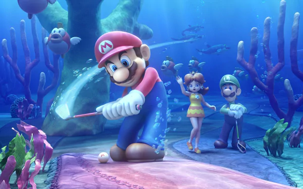 Mario, Luigi, and Princess Daisy are featured in an underwater scene from Mario Golf: World Tour, showcasing vibrant marine life and golf action in this HD PC desktop wallpaper.