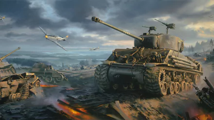 A stunning HD wallpaper featuring an M4 Sherman tank amidst a dramatic battlefield scene, with aircraft soaring overhead and a smoky landscape in the background.