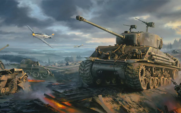 A stunning HD wallpaper featuring an M4 Sherman tank amidst a dramatic battlefield scene, with aircraft soaring overhead and a smoky landscape in the background.