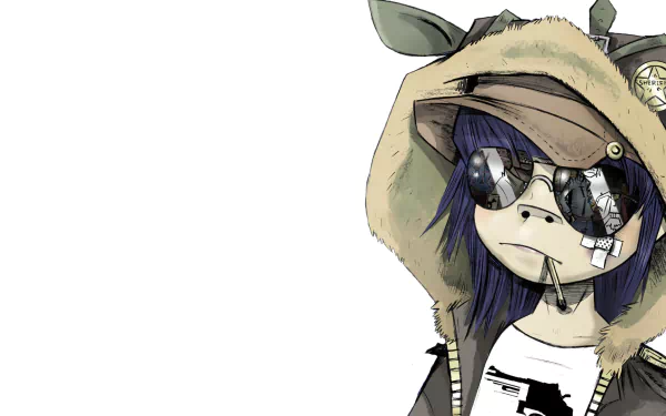 HD PC desktop wallpaper featuring a stylized cartoon character from the music group Gorillaz with a cigarette and reflective sunglasses.