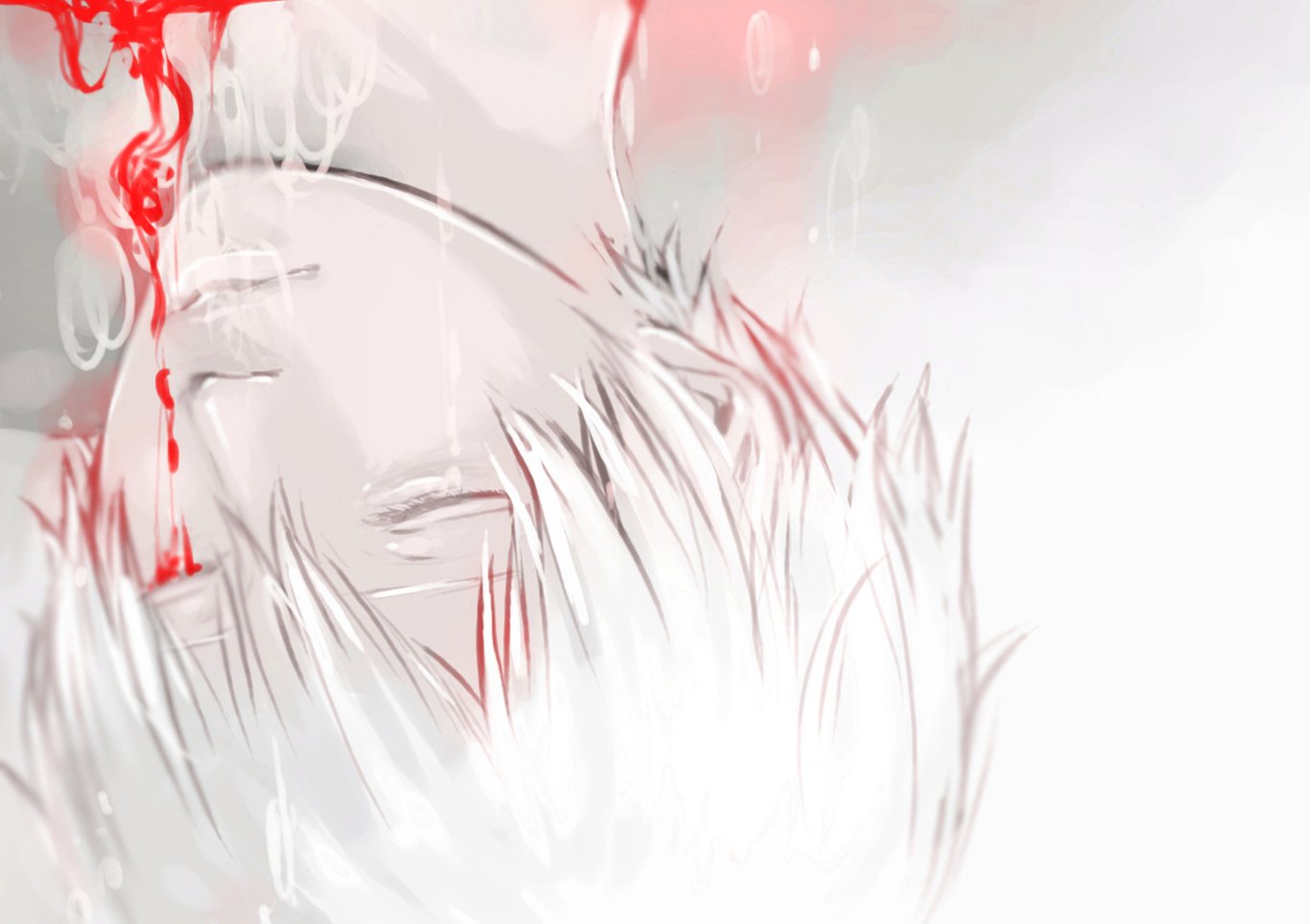 A striking HD wallpaper featuring Ken Kaneki from the anime Tokyo Ghoul, showcasing his signature white hair and a dramatic splash of red, capturing the intense atmosphere of the series.