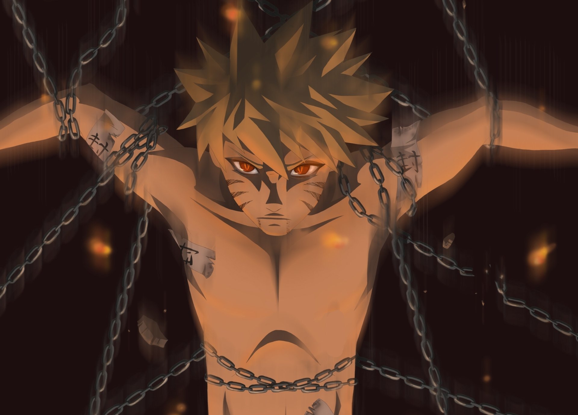 A dramatic HD wallpaper featuring Naruto Uzumaki from the anime Naruto, depicted with chains and an intense expression, capturing his spirit and determination.