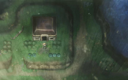 HD PC desktop wallpaper featuring Link from the video game The Legend of Zelda: A Link to the Past, standing near a house in a lush, forested environment.
