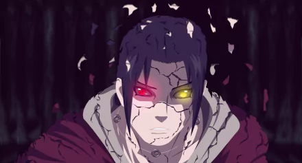 HD desktop wallpaper of Itachi Uchiha from the anime Naruto, featuring a dramatic close-up with intense, glowing eyes and a cracked face against a dark background.