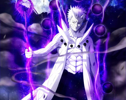 HD desktop wallpaper featuring Obito Uchiha from the anime Naruto, depicted standing in a powerful pose with a glowing purple aura and six black spheres floating around him.