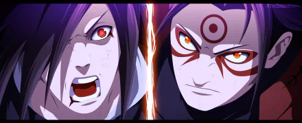 HD desktop wallpaper featuring Hashirama Senju and Madara Uchiha from the anime Naruto, showing intense expressions.