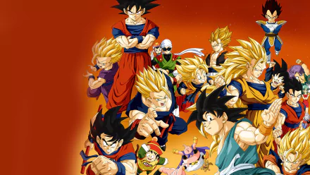 HD desktop wallpaper featuring Dragon Ball Z characters including Goku, Vegeta, Trunks, Gohan, Videl, Majin Buu, and Gogeta in dynamic action poses against a vibrant orange background.