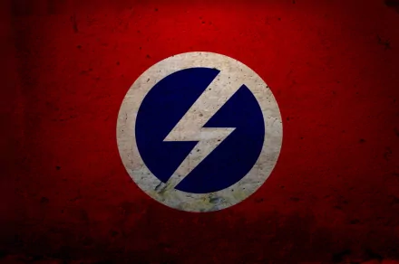 HD PC desktop wallpaper featuring the British Union of Fascists flag with a bold white lightning bolt on a blue circle and red background.