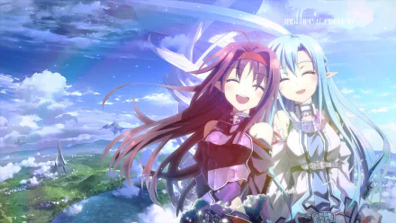 A vibrant HD wallpaper featuring Yuuki Konno and Asuna Yuuki from Sword Art Online II, capturing their joyful expressions against a scenic backdrop.