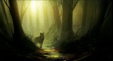 A mystical wolf stands in a sunlit forest clearing, captured in a 4K Ultra HD fantasy PC desktop wallpaper with glowing light filtering through dense trees.
