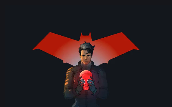HD wallpaper featuring Jason Todd as Red Hood, holding a red skull with a stylized bat silhouette in the background, capturing the essence of the comic's dark themes.