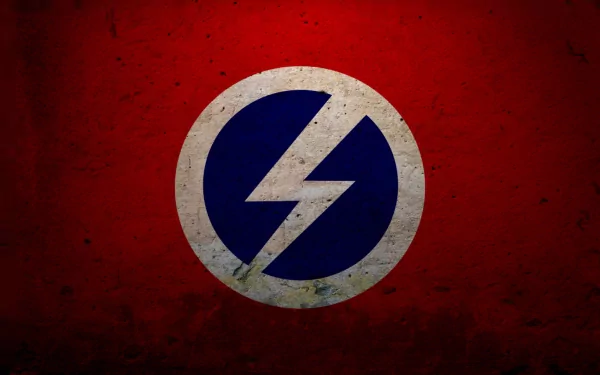 HD PC desktop wallpaper featuring the British Union of Fascists flag with a bold white lightning bolt on a blue circle and red background.