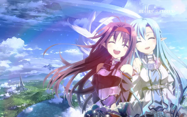 A vibrant HD wallpaper featuring Yuuki Konno and Asuna Yuuki from Sword Art Online II, capturing their joyful expressions against a scenic backdrop.