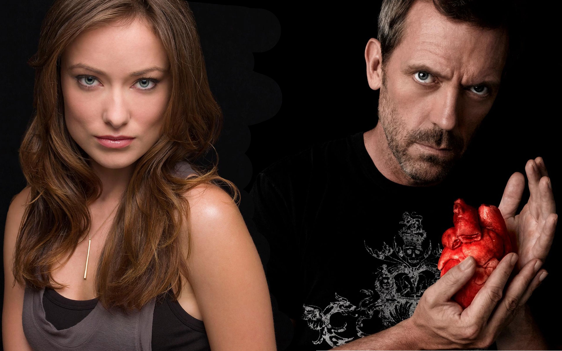 Hugh Laurie and Olivia Wilde in character as Gregory House and his colleague.
