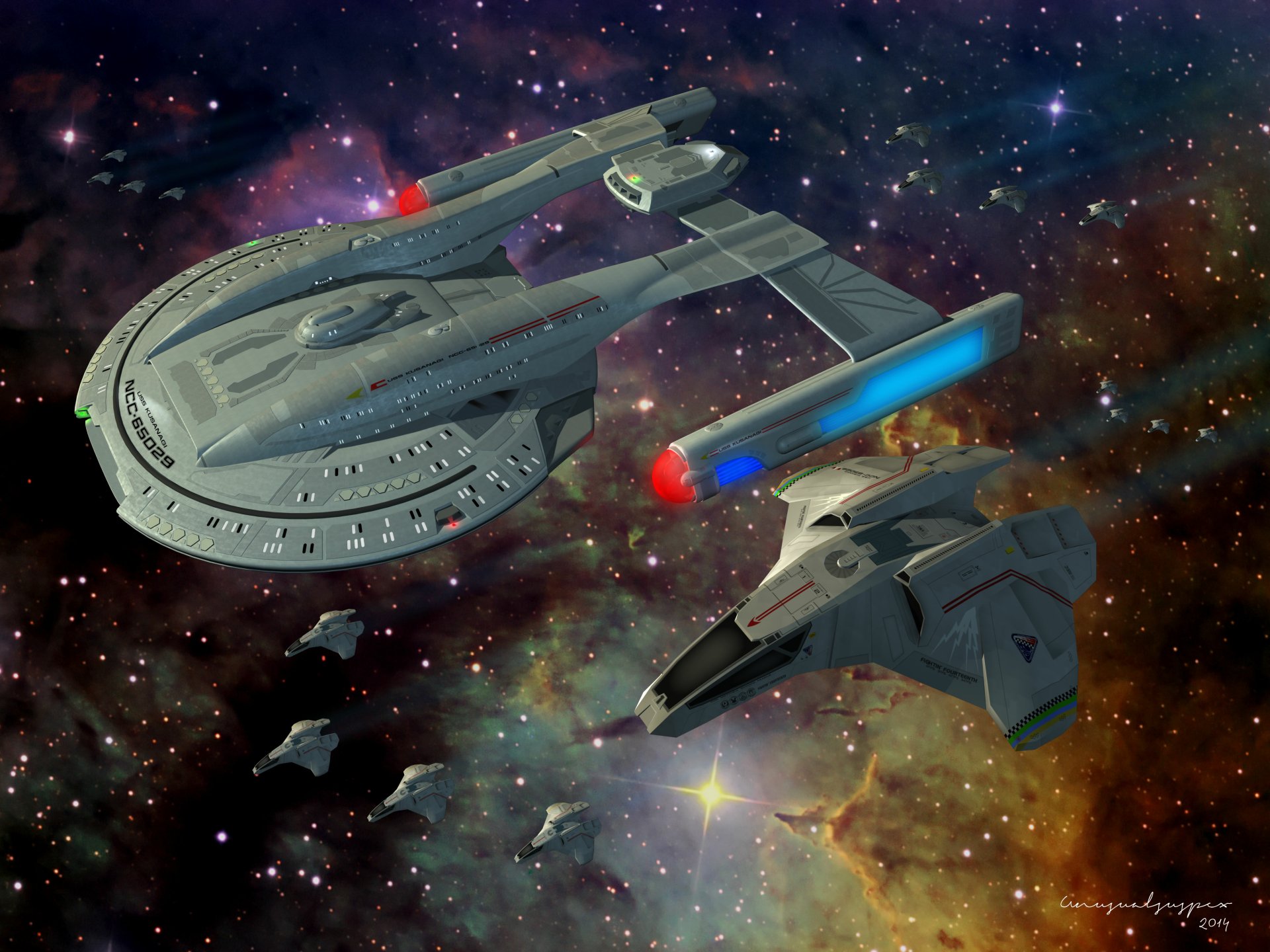 A 4K Ultra HD Sci-Fi Star Trek scene depicting starships engaged in space near a colorful nebula.