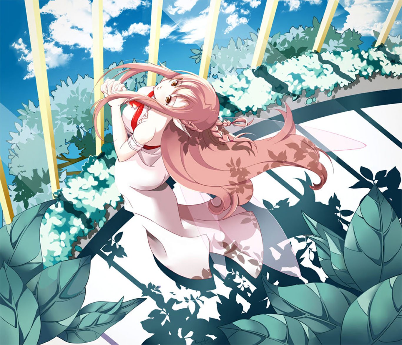 A vibrant HD wallpaper featuring Asuna Yuuki from Sword Art Online, surrounded by lush greenery and bright sunlight, capturing her graceful pose and dynamic hairstyle.