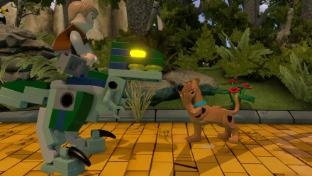 HD PC desktop wallpaper from the LEGO Dimensions video game featuring Scooby-Doo and a character on a dinosaur in a forest setting.