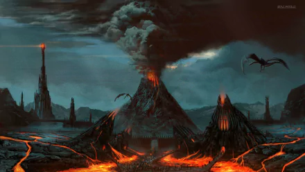 A dramatic landscape inspired by fantasy themes from The Lord of the Rings, featuring a volcanic eruption, flowing lava, towering spires, and dark, ominous skies.