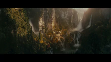 A stunning HD wallpaper of Rivendell from The Lord of the Rings and The Hobbit: An Unexpected Journey, featuring lush landscapes and cascading waterfalls.