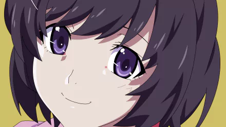 Close-up portrait of Tsubasa Hanekawa from the Monogatari series, featuring her distinctive purple eyes in high-definition anime style.