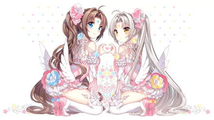 HD anime original artwork featuring two detailed, winged girls with pastel-colored outfits and striking blue and amber eyes, forming a heart with their hands on a white background.