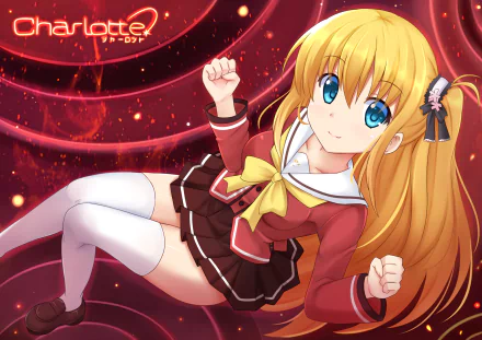 Anime character Charlotte from Charlotte smiles with blue eyes and blonde hair, dressed in a school uniform with a bow, thigh highs, and a vibrant red background.