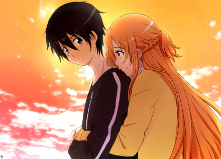 A vibrant HD desktop wallpaper featuring Kirito and Asuna Yuuki from Sword Art Online, set against a beautiful sunset backdrop.