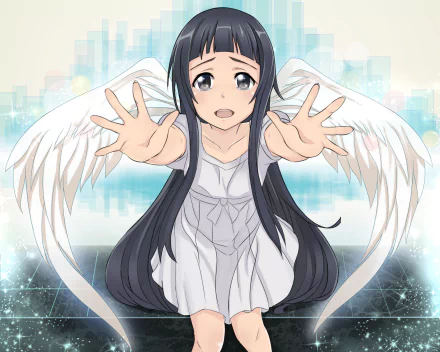 Anime character Yui from Sword Art Online with wings, reaching forward with a serene background. This HD wallpaper and background showcases her in an angelic, heartfelt pose.