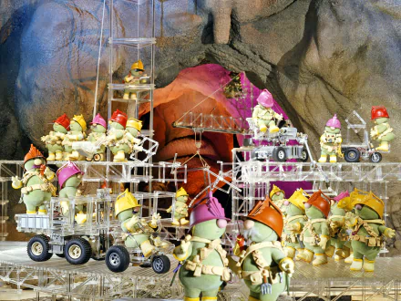 HD PC desktop wallpaper and background from the Fraggle Rock TV show: dozens of Doozers in tiny construction vehicles and gear inside a rocky cave with a giant human face looming behind.