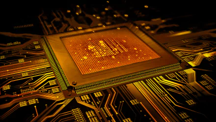A close-up view of a glowing circuit board with a central processor, showcasing intricate technology details, serves as a striking 4K Ultra HD desktop wallpaper.