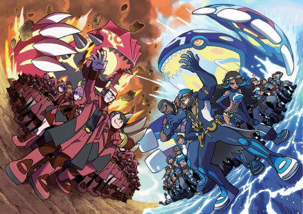 HD wallpaper featuring Maxie and Archie leading Team Magma and Team Aqua with Groudon and Kyogre in an epic Pokémon showdown from Pokémon: Omega Ruby and Alpha Sapphire.