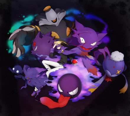 A visually striking HD desktop wallpaper featuring Ghost-type Pokémon from Pokémon: HeartGold and SoulSilver, showcasing a dynamic arrangement of Haunters and Gastlys with an ethereal background.