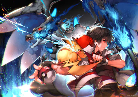 An anime-style HD wallpaper featuring Red (Pokémon) with Pikachu on his shoulder and Charizard unleashing blue flames in the background.