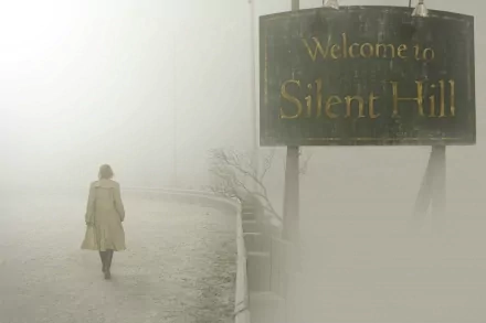 A person in a yellow coat walks along a foggy road, with a Welcome to Silent Hill sign in view, creating an eerie atmosphere in this HD desktop wallpaper.