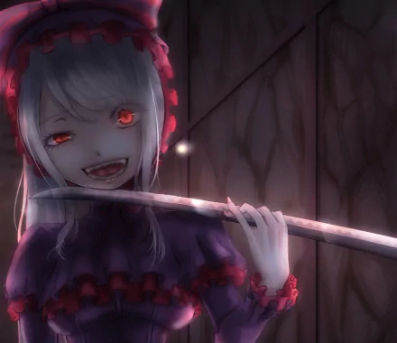 HD desktop wallpaper of Shalltear Bloodfallen from the anime Overlord. The character has white hair, red eyes, and a menacing smile, holding a sword.