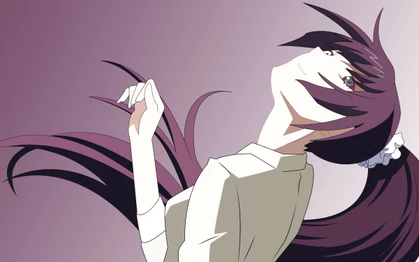 Hitagi Senjōgahara from Monogatari series with long purple hair, depicted in a dynamic pose on a 4K Ultra HD anime desktop wallpaper.