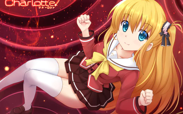 Anime character Charlotte from Charlotte smiles with blue eyes and blonde hair, dressed in a school uniform with a bow, thigh highs, and a vibrant red background.