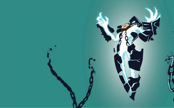 HD PC desktop wallpaper featuring Xerath from the video game League of Legends, showcasing his electrifying and chained form against a teal background.