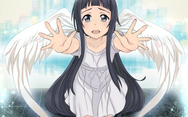 Anime character Yui from Sword Art Online with wings, reaching forward with a serene background. This HD wallpaper and background showcases her in an angelic, heartfelt pose.
