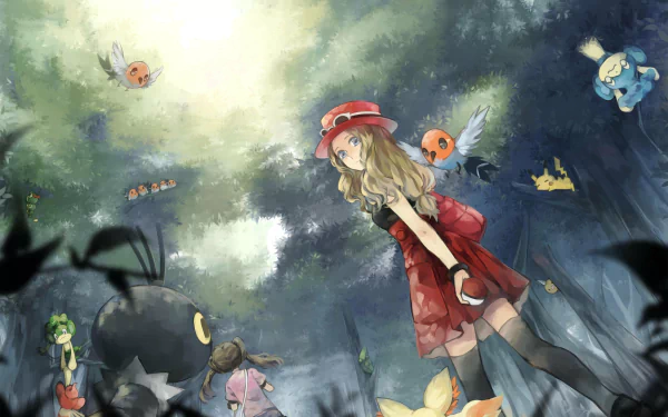 A vibrant HD desktop wallpaper featuring Serena from Pokémon alongside Panpour, Metapod, and Fennekin in a lush, animated forest backdrop filled with colorful Pokémon.