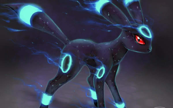 HD desktop wallpaper featuring a Shiny Umbreon, one of the Eeveelutions from the Pokémon anime series, with glowing blue rings and red eyes set against a dark background.