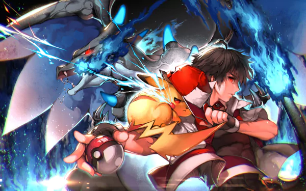 An anime-style HD wallpaper featuring Red (Pokémon) with Pikachu on his shoulder and Charizard unleashing blue flames in the background.