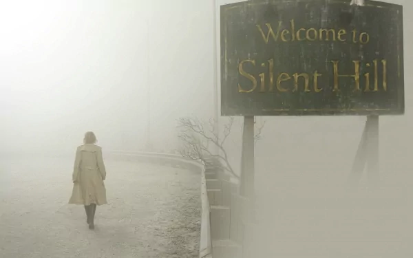 A person in a yellow coat walks along a foggy road, with a Welcome to Silent Hill sign in view, creating an eerie atmosphere in this HD desktop wallpaper.
